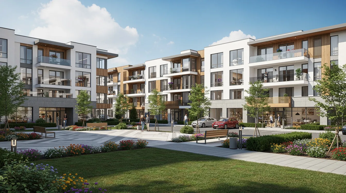 The image depicts a modern commercial apartment building complex surrounded by well-maintained landscaping under clear blue skies, showcasing an inviting and contemporary urban living space. This setting could appeal to accredited investors looking for attractive private investment opportunities in real estate.