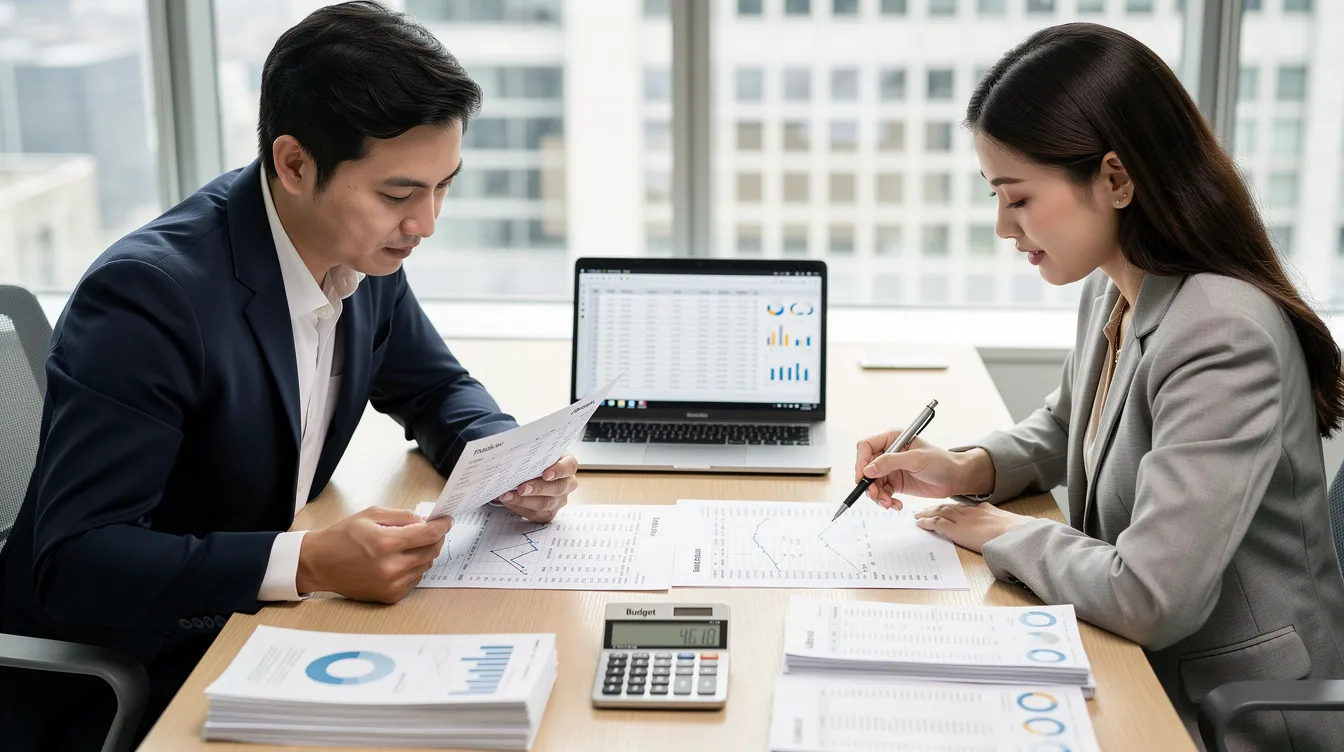 The image depicts a professional couple seated at a desk, intently reviewing financial documents alongside a laptop and printed statements, which may include details relevant to their accredited investor status and private investments. Their focused discussion likely revolves around their joint net worth and investment decisions in private markets.
