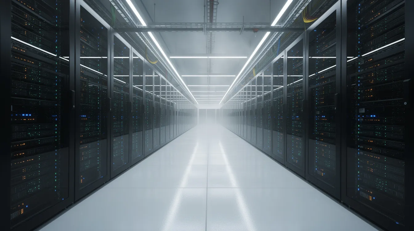 The image depicts a modern data center featuring rows of illuminated server racks within a spacious industrial facility, highlighting the advanced technology used in managing private market opportunities for accredited investors and qualified purchasers. The organized arrangement of servers emphasizes the critical infrastructure that supports investment companies and alternative investments in today's financial landscape.