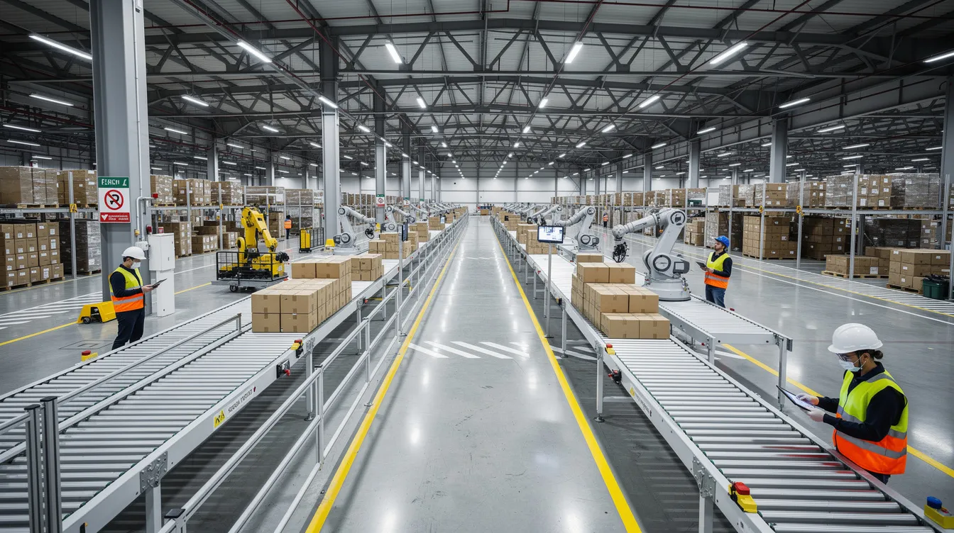 The image depicts a large modern industrial warehouse featuring automated conveyor systems, with workers in hard hats actively engaged in their tasks. This setting reflects the operational efficiency often sought by private equity firms when investing in portfolio companies to enhance productivity and value creation.