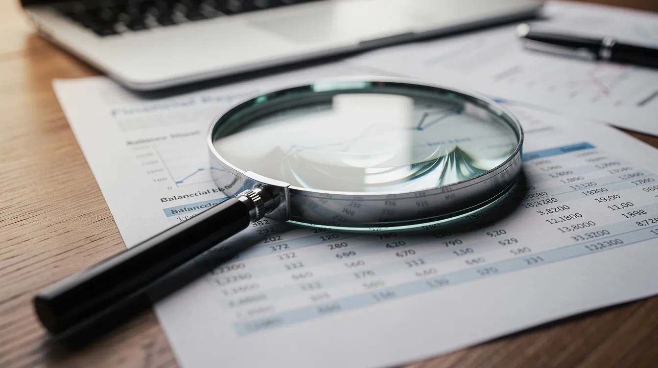 A magnifying glass is positioned over financial documents on a wooden desk, representing the concept of due diligence and careful review in private market investments. This imagery emphasizes the importance of thorough analysis by independent financial advisors when exploring alternative investments and private equity opportunities.