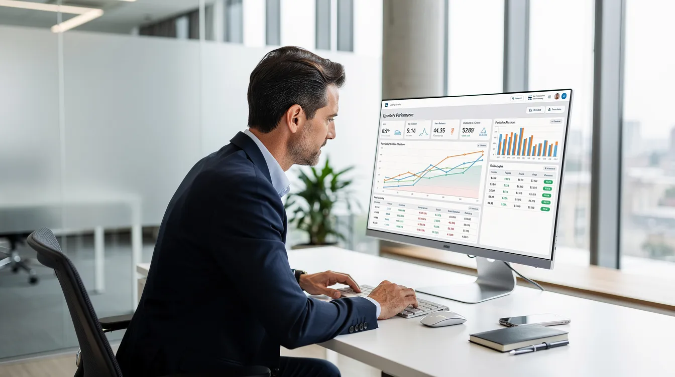 A financial advisor is intently reviewing data on a large monitor in a clean, modern office setting, focusing on private market investments and alternative asset strategies. The environment reflects an industry-leading client experience, emphasizing operational efficiency and the exploration of unique investment opportunities for individual investors and institutions.