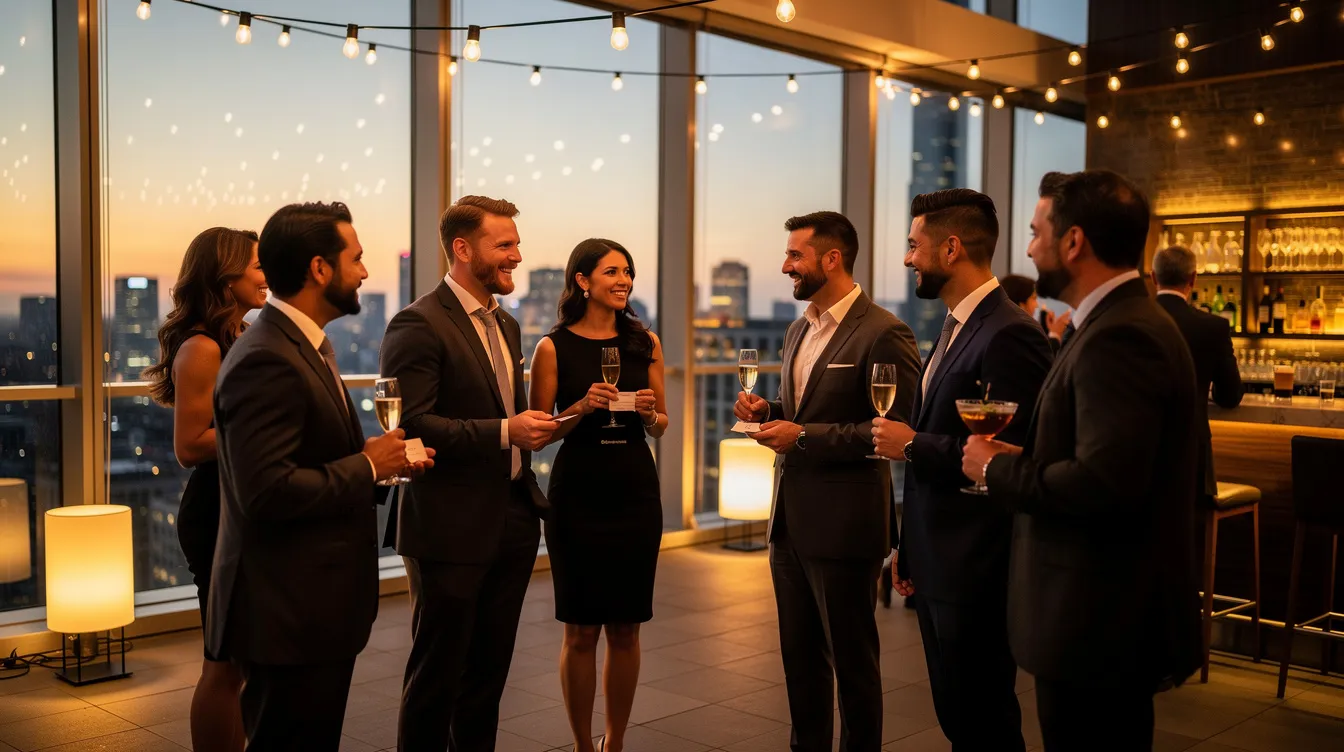Professionals networking at an upscale evening event, discussing investment opportunities in private equity and venture capital.
