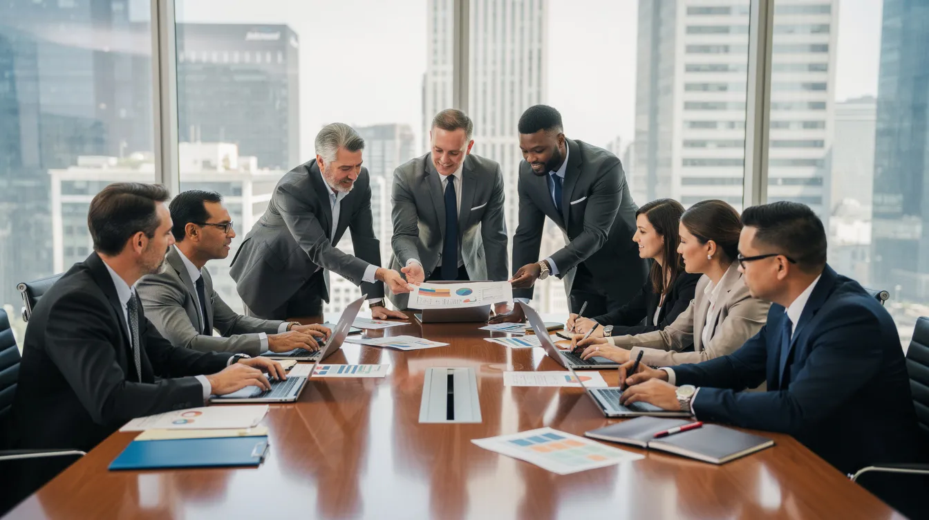 A diverse group of professionals is collaborating around a large conference table, engaged in discussions with laptops and documents spread out in front of them, focusing on investment opportunities and financial markets. Their teamwork highlights the importance of due diligence and informed investment decisions in today's dynamic business environment.