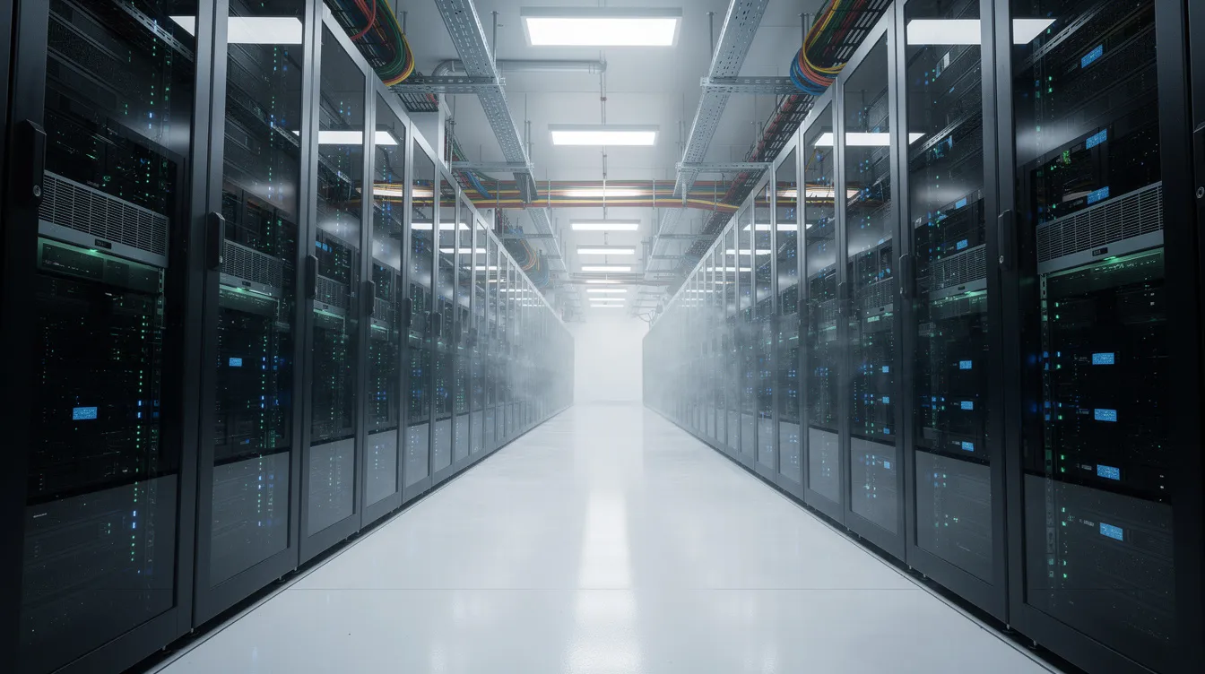 The image depicts a server room filled with rows of illuminated data center racks and advanced cooling systems, highlighting the technological backbone essential for efficient data management. This environment is crucial for businesses involved in real estate investing, as data centers represent a significant asset class in the commercial real estate market.