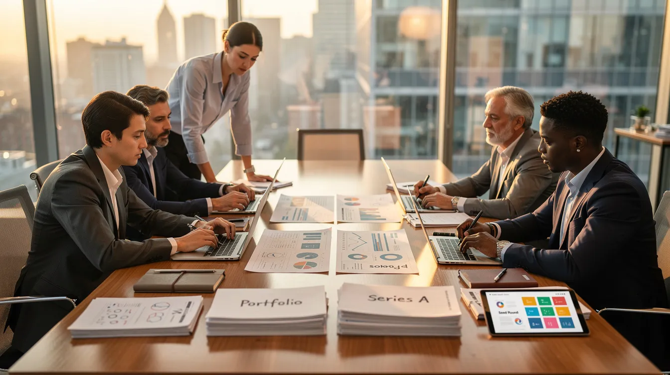 Investment team reviewing portfolio materials and Series A deal documents around a conference table