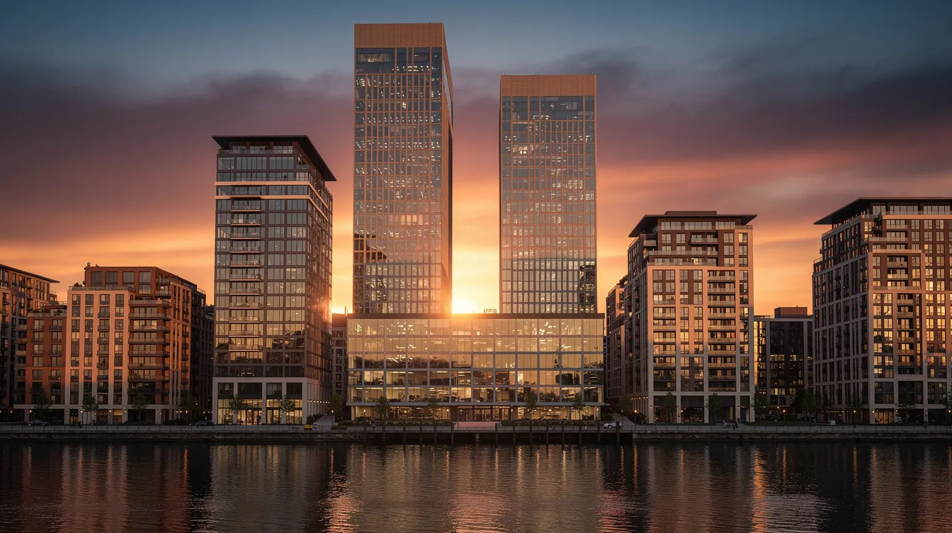 The image depicts a vibrant city skyline at sunset, showcasing a mix of commercial real estate office buildings and residential apartment structures silhouetted against a colorful sky. This scene highlights the potential impact of rising interest rates on real estate investments, as investors navigate the complexities of borrowing costs and economic growth in a fluctuating market.