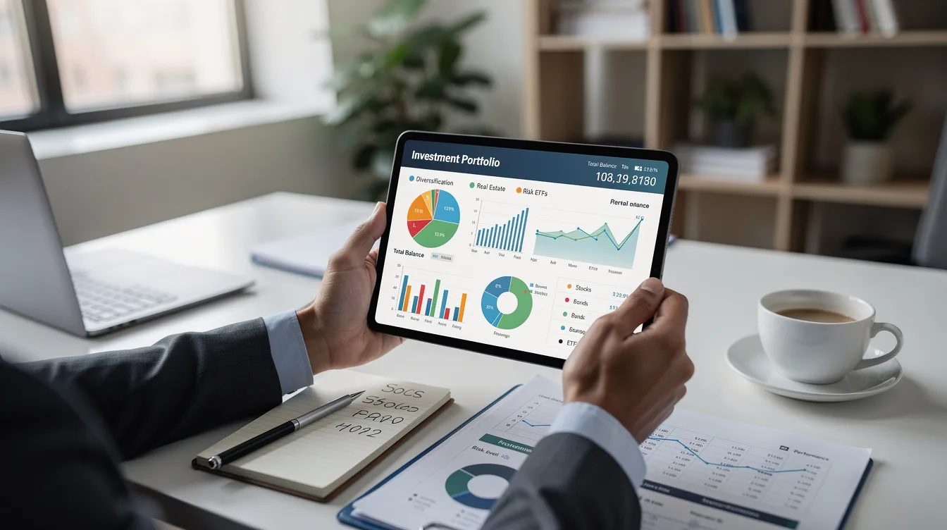 A person is seated at a desk, intently reviewing a diversified investment portfolio displayed on a tablet computer. The scene illustrates the importance of understanding various investment factors, especially in an environment where rising interest rates can impact stock prices and fixed income risks.