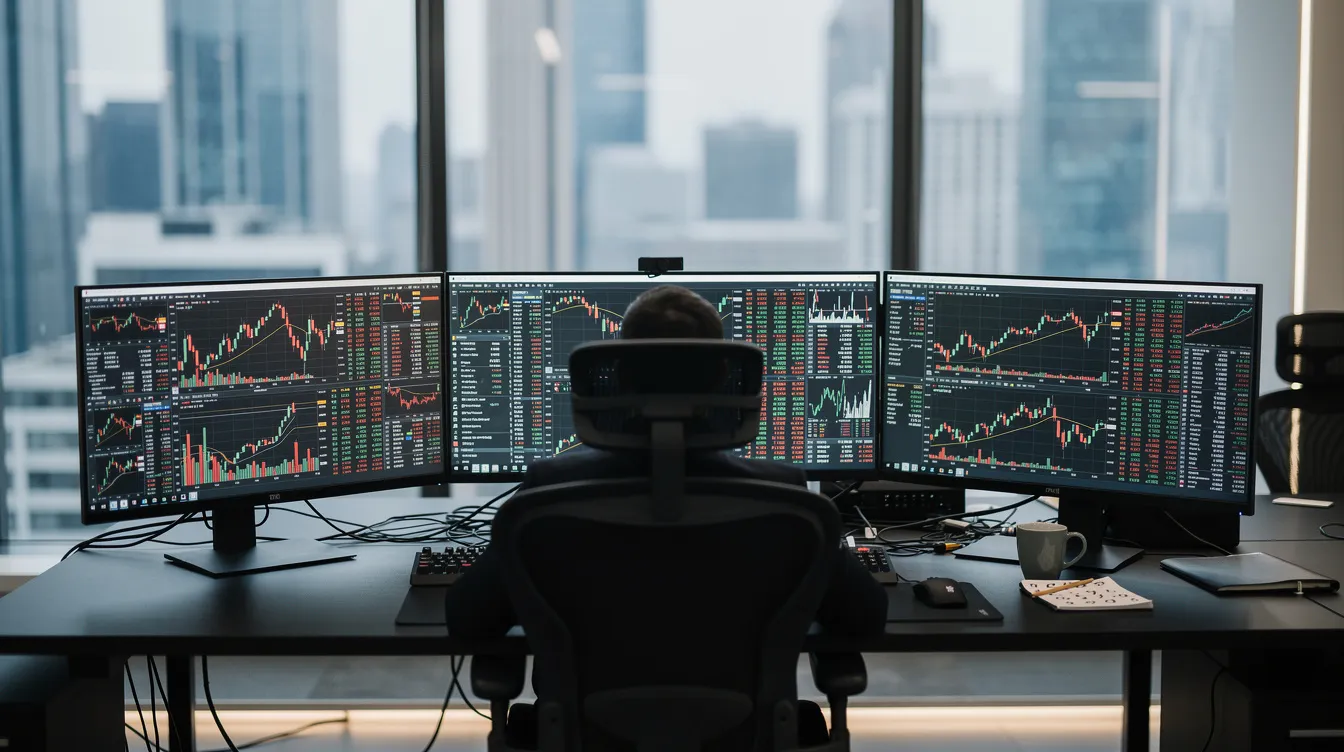 The image shows a modern trading office with multiple computer monitors displaying financial market data, including stock prices and interest rates rise trends. This dynamic environment reflects the impact of the federal reserve's decisions on investment strategies and economic growth.