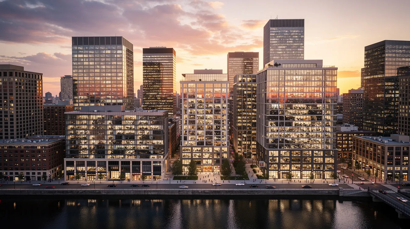 Vibrant city skyline at sunset showcasing modern commercial real estate buildings, symbolizing investment opportunities in urban development.