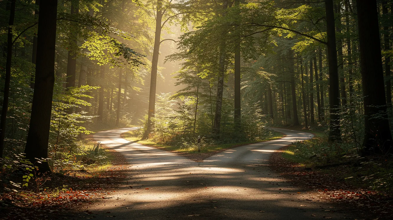 The image depicts two diverging forest paths illuminated by sunlight filtering through the trees, symbolizing the complex choices in investment decision-making, particularly in the context of private equity secondary investments and the overall secondary market. This serene scene reflects the journey of fund managers and secondary investors navigating through diverse portfolio options and managing risks associated with private equity funds.
