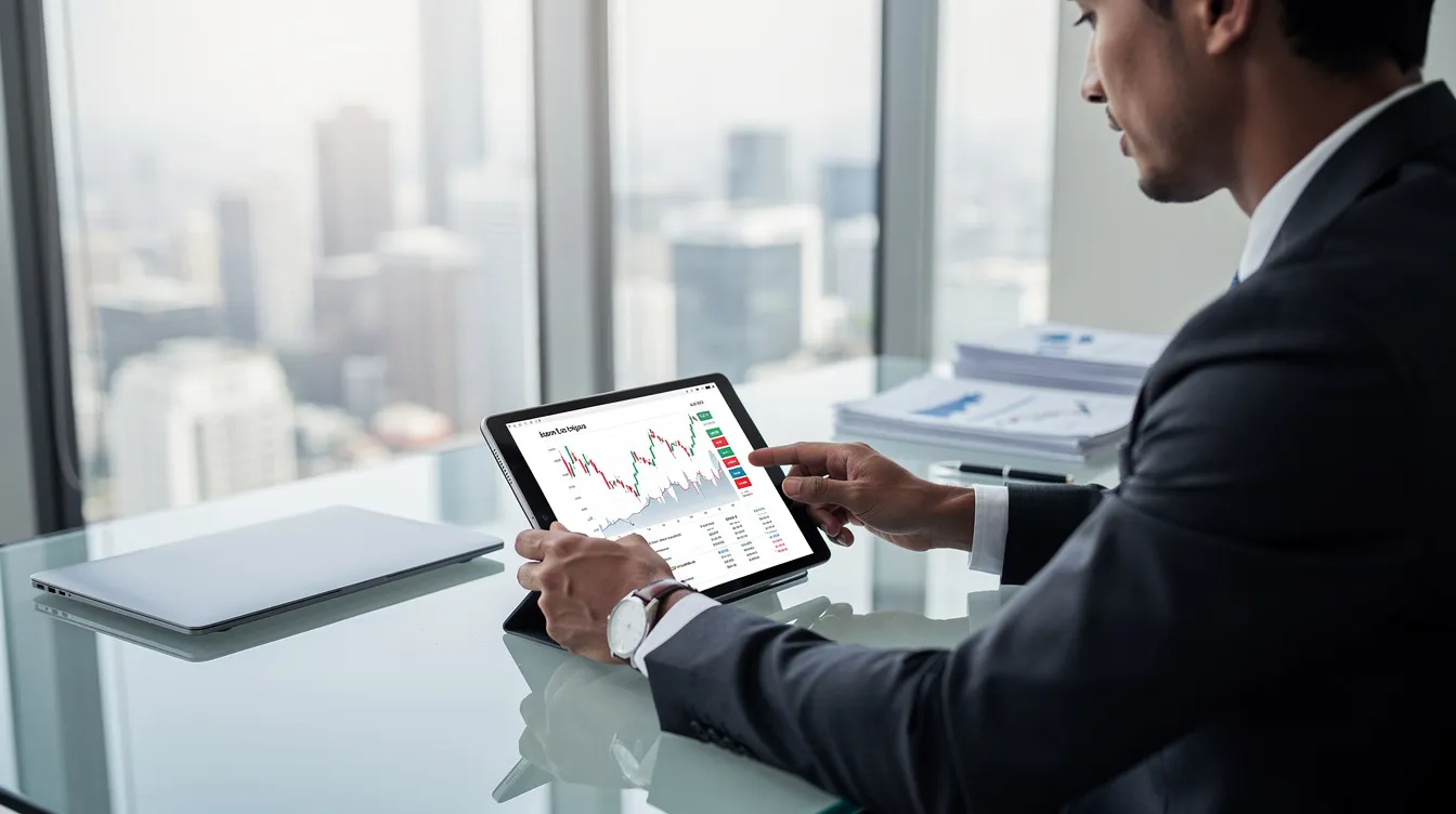 A professional investor is seated at a modern office desk, intently reviewing financial documents on a tablet. The setting reflects a focus on private equity secondary investments, highlighting the importance of portfolio management and liquidity solutions in the private equity industry.