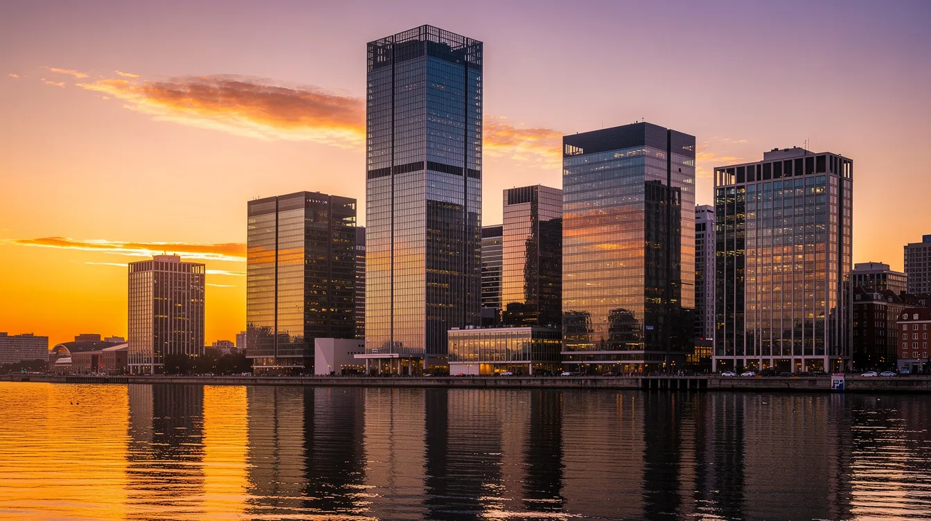 The image depicts a modern city skyline at sunset, showcasing sleek glass office buildings reflecting the warm hues of the setting sun. This urban landscape symbolizes the thriving environment for private equity firms and institutional investors, highlighting the dynamic nature of investment strategies in private markets.