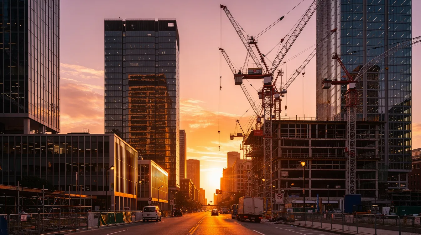 The image depicts a modern city skyline at sunset, with cranes and construction sites symbolizing growth and private market expansion. This scene reflects the dynamic nature of private equity investments and the opportunities available in private markets for sophisticated investors.
