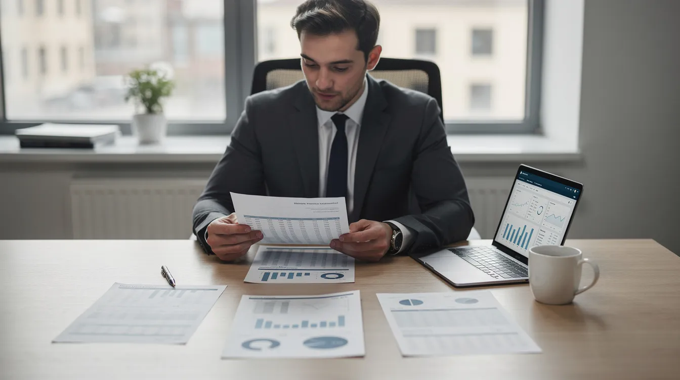 A professional is seated at a desk, reviewing financial documents while using a laptop and sipping coffee, highlighting the importance of informed investment decisions in private equity and private market opportunities. The setting suggests a focus on analyzing investment portfolios and strategies for private companies.