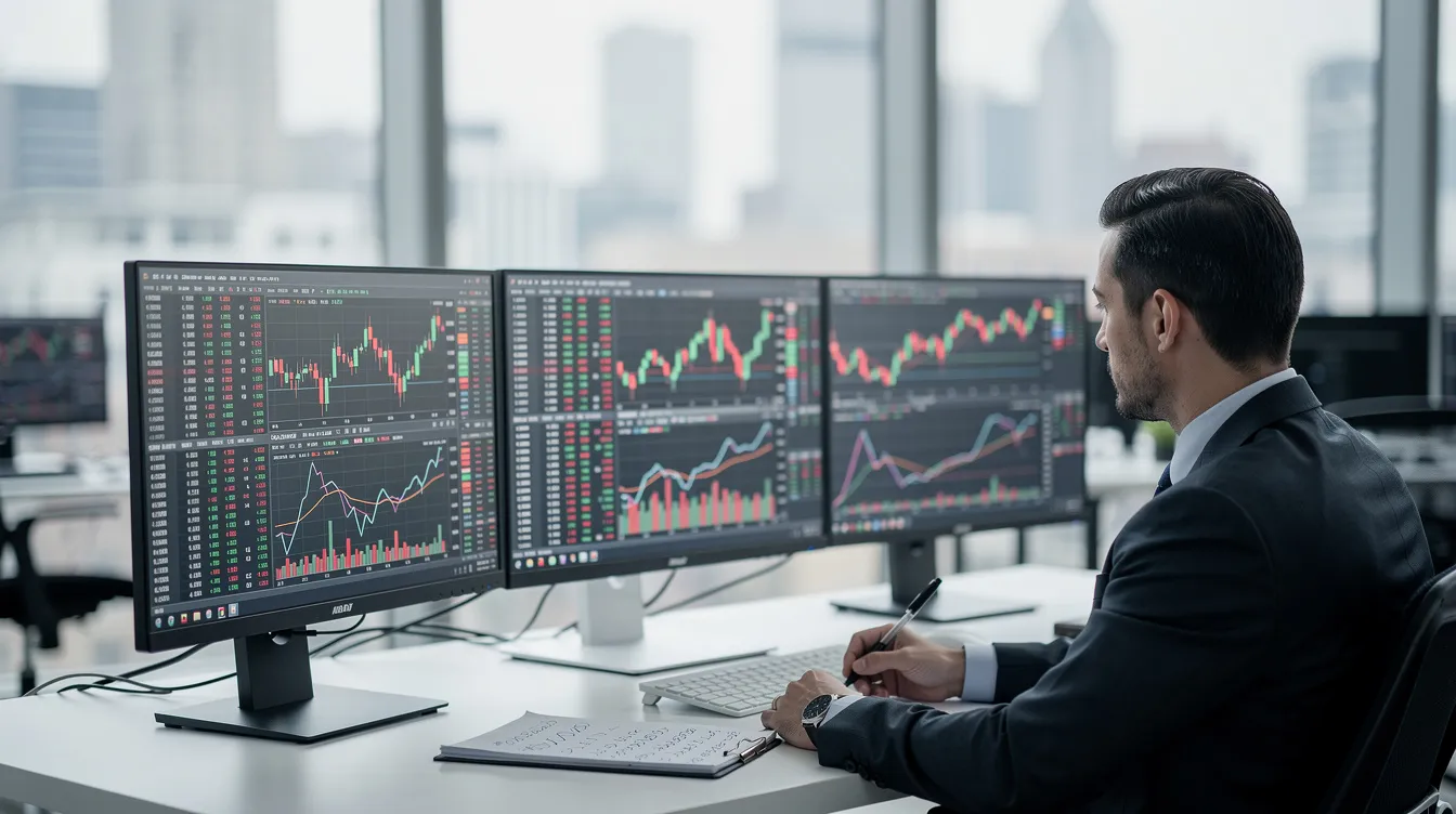 A financial analyst is intently reviewing various charts and graphs displayed on multiple computer screens in an office setting, focusing on financial statements and business strategies to inform potential investors about investment opportunities. The environment suggests a professional atmosphere where key personnel analyze data to ensure compliance with federal securities laws and prepare for private placements.
