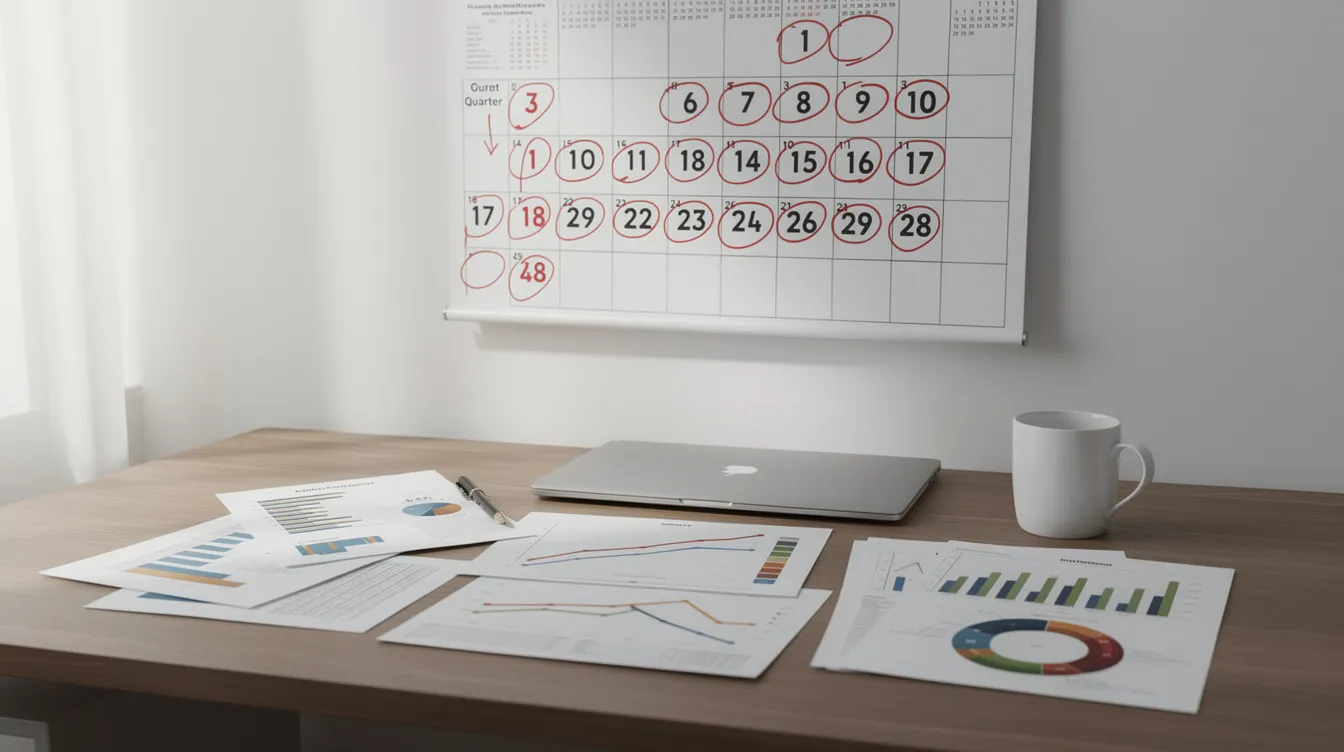 The image shows a wall calendar with quarterly dates circled, placed next to financial charts on a desk, illustrating the planning and monitoring of investment strategies such as traditional closed end funds and private equity funds. This setup suggests a focus on tracking net asset value and evaluating investment opportunities for institutional and individual investors.