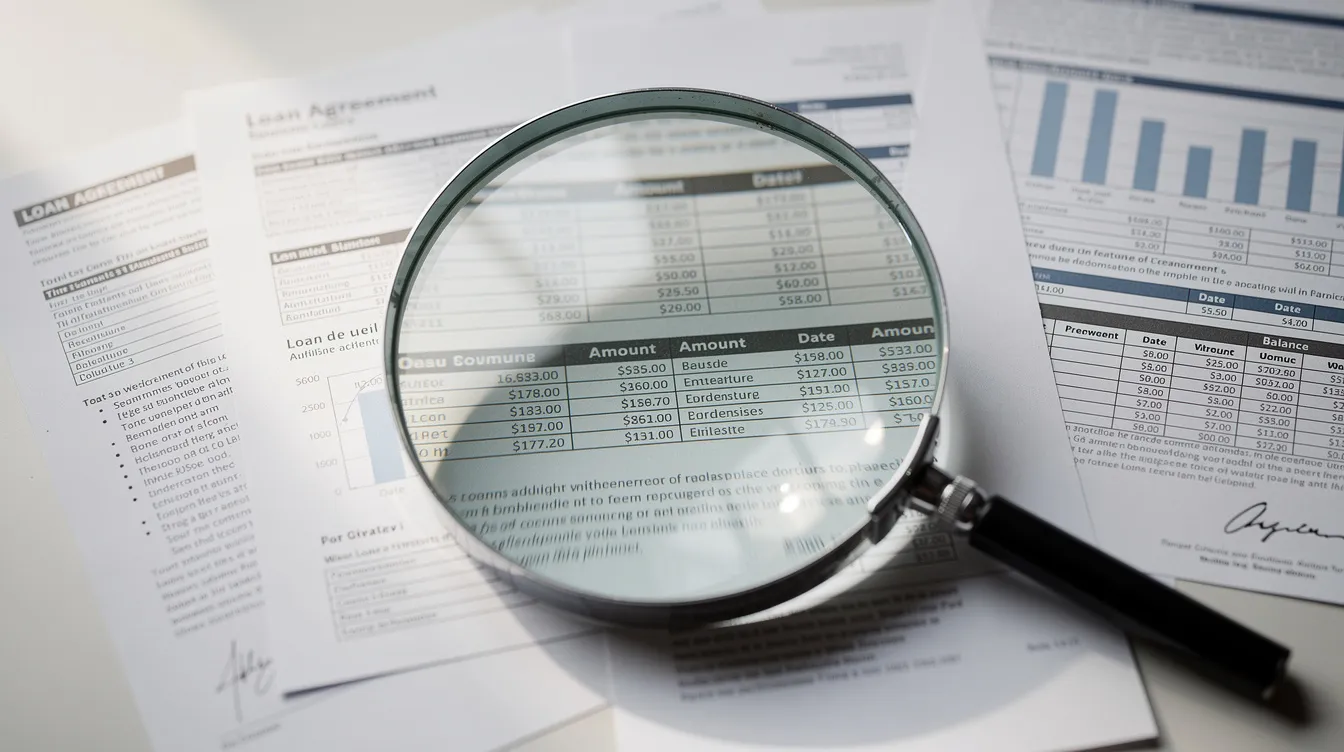 A magnifying glass is positioned above a collection of printed financial statements and loan documents, highlighting key details related to investment strategies and asset management. This image symbolizes the careful examination of financial instruments, such as closed-end funds and private equity, essential for institutional and individual investors alike.