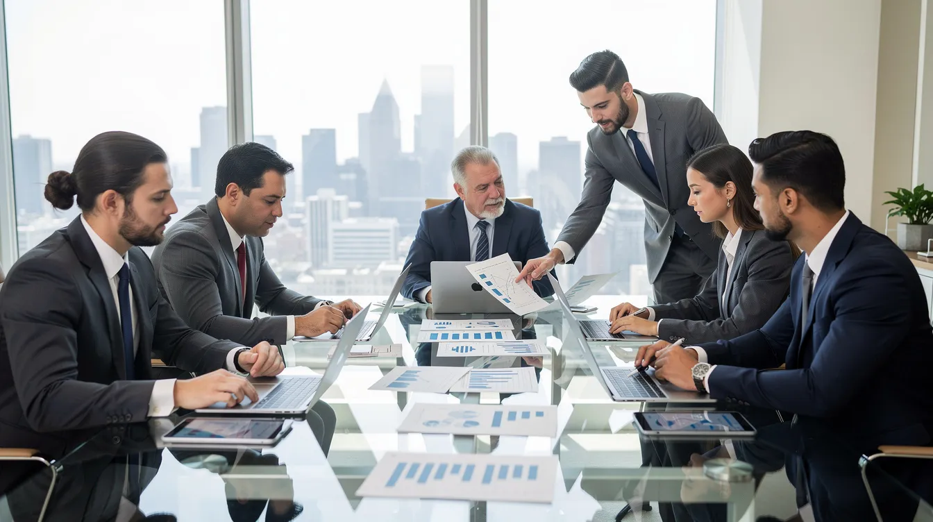 The image depicts a group of professional investors gathered around a modern conference table, reviewing documents related to various investment strategies, including traditional closed end funds and private equity funds. Their collaborative environment suggests discussions on net asset value and investment opportunities within private markets.