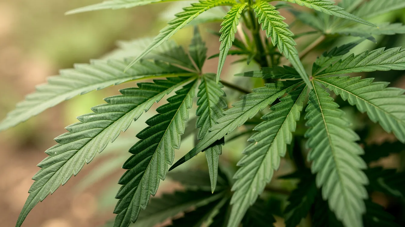 Close-up view of vibrant green cannabis sativa leaves showcasing intricate details, set against a softly blurred natural background. This image highlights the beauty of the cannabis plant, often associated with both medical marijuana and recreational cannabis use.