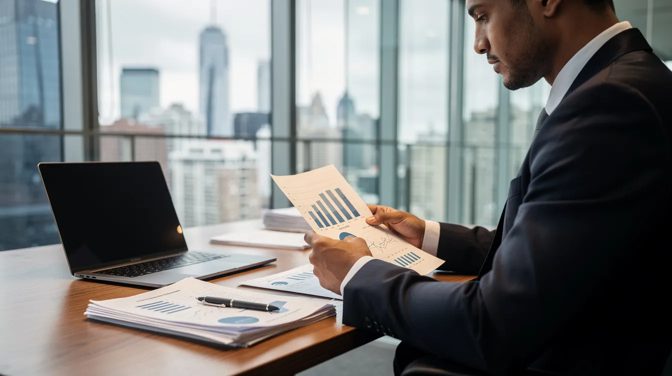 A professional investor is seated at a modern desk, reviewing documents with a city skyline visible through large windows behind them. The office environment reflects a focus on emerging markets, including the cannabis industry, as the investor assesses attractive risk-adjusted returns.