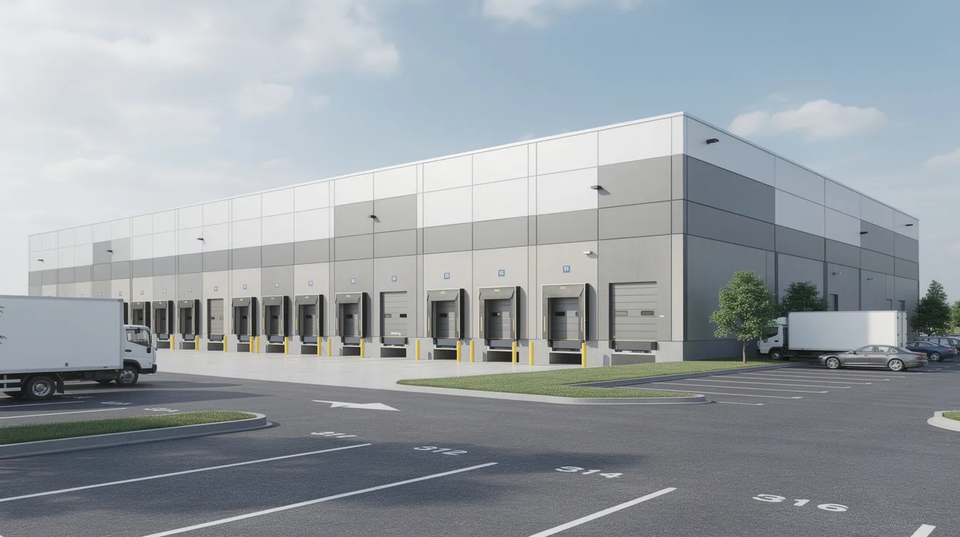 The image depicts a modern commercial warehouse building featuring multiple loading docks and a spacious parking lot, viewed from the exterior. This facility could potentially serve as a distribution center for cannabis products, highlighting the growing cannabis industry.