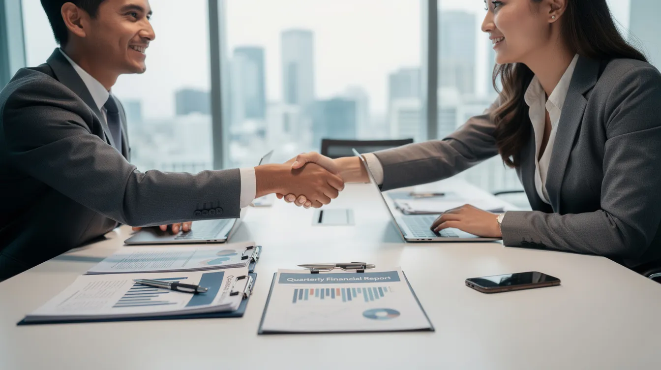 The image depicts two business professionals shaking hands across a conference table, with various financial documents visible, suggesting a discussion about venture capital funds or secondary transactions. The setting indicates a formal meeting environment, highlighting the importance of collaboration among institutional investors and professionals in managing diversified portfolios.