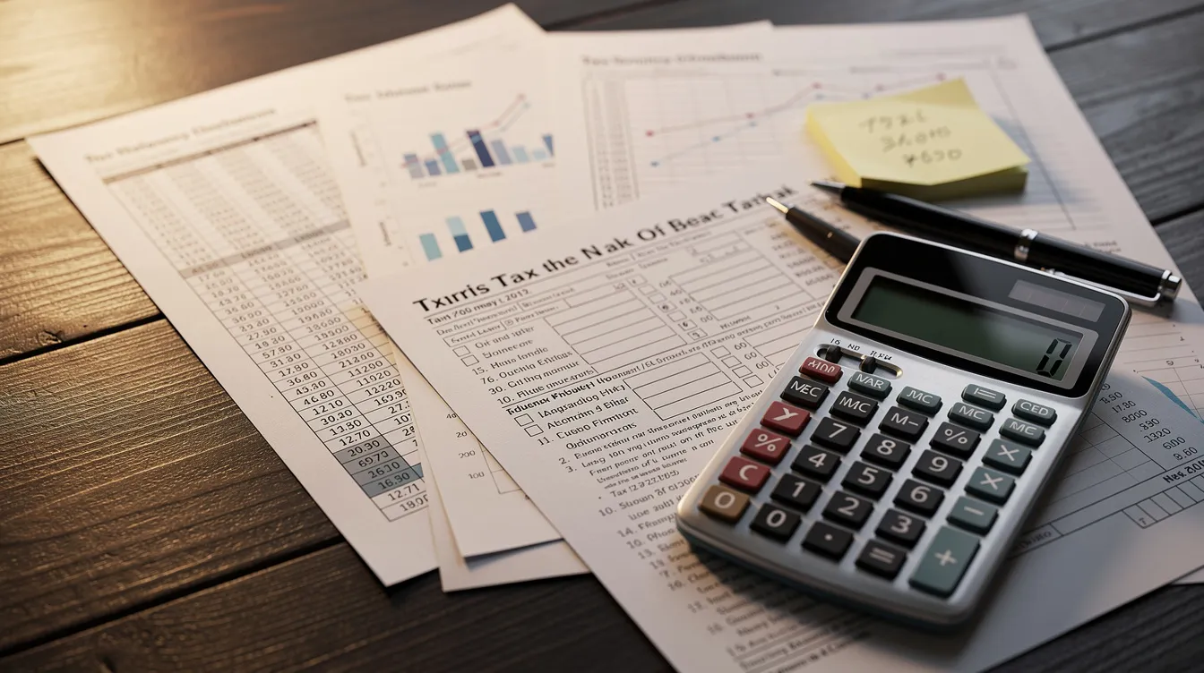 The image depicts a dark wooden desk cluttered with financial documents and a calculator, symbolizing the complexities of tax planning and analysis, particularly in relation to built in gains tax and venture capital funds. This setting suggests a focus on managing taxable income and assessing fair market value for existing ownership interests.