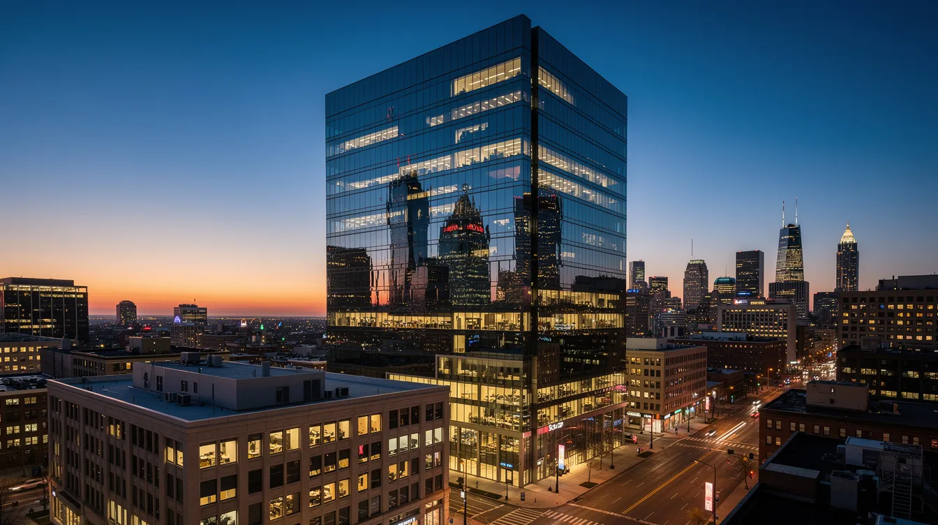 The image depicts a modern glass office building reflecting the vibrant city skyline at dusk, symbolizing the dynamic nature of private capital markets. This scene highlights the importance of institutional investors and venture capital funds in navigating the complexities of secondary transactions and liquidity management.