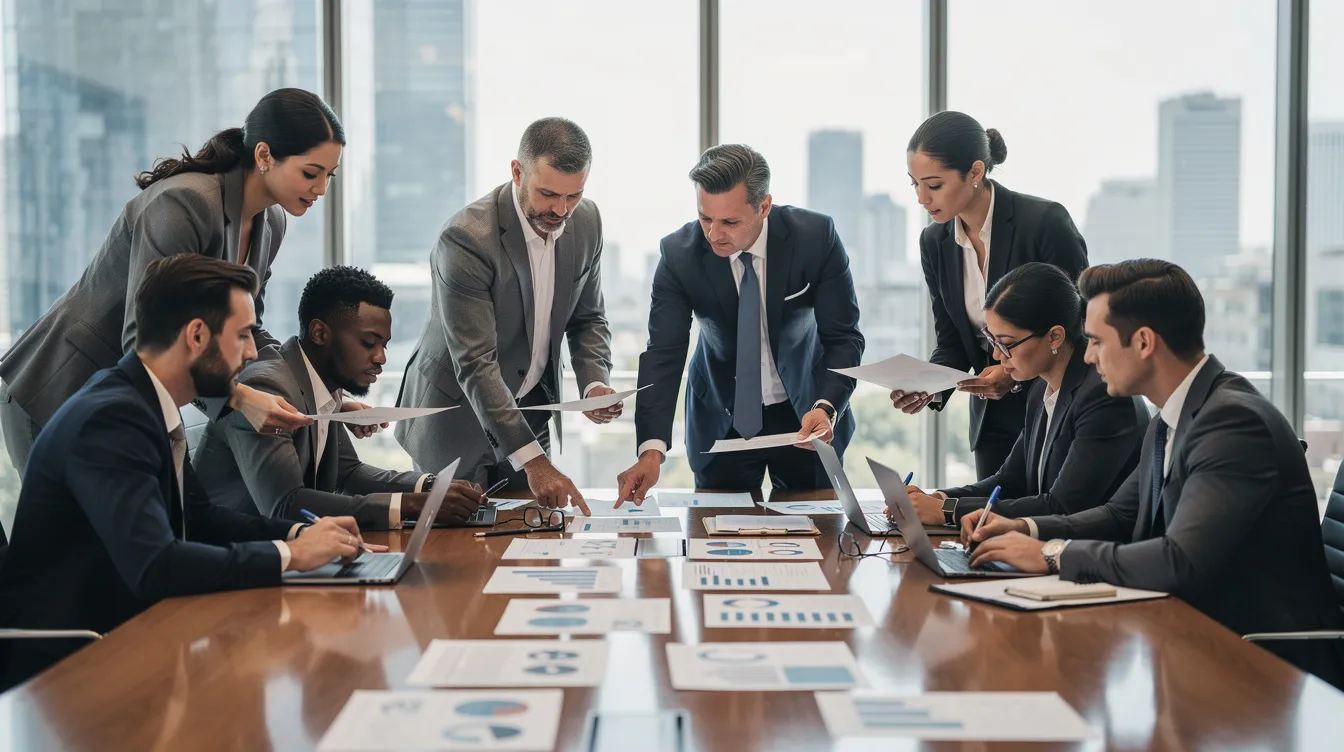 A group of professionals in business attire is gathered around a large conference table, reviewing important documents related to pre settlement funding and legal claims. The atmosphere is focused and collaborative, indicating a discussion about financial strategies and legal settlement funds.