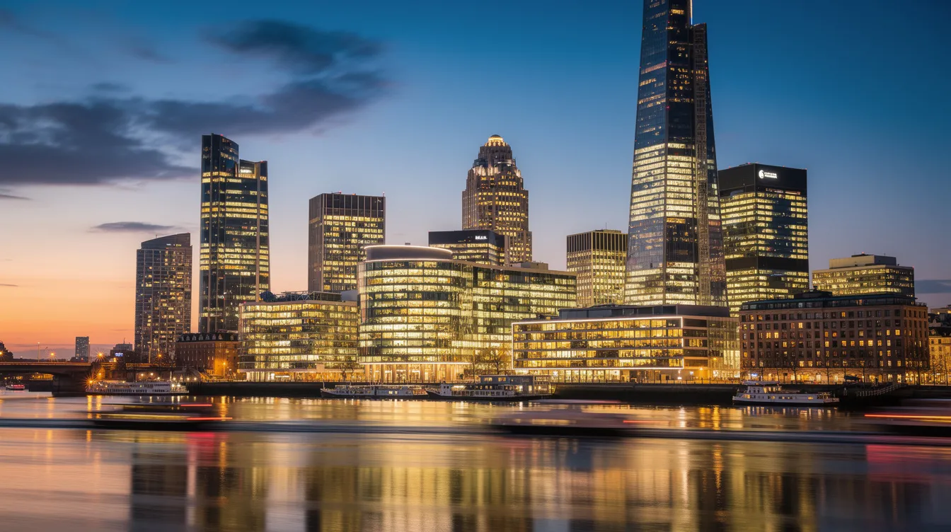 The image depicts a modern city financial district skyline at dusk, with office buildings illuminated against the twilight sky. The scene reflects the vibrant atmosphere of financial entities, where accredited investors and private fund activities thrive amidst the growing urban landscape.