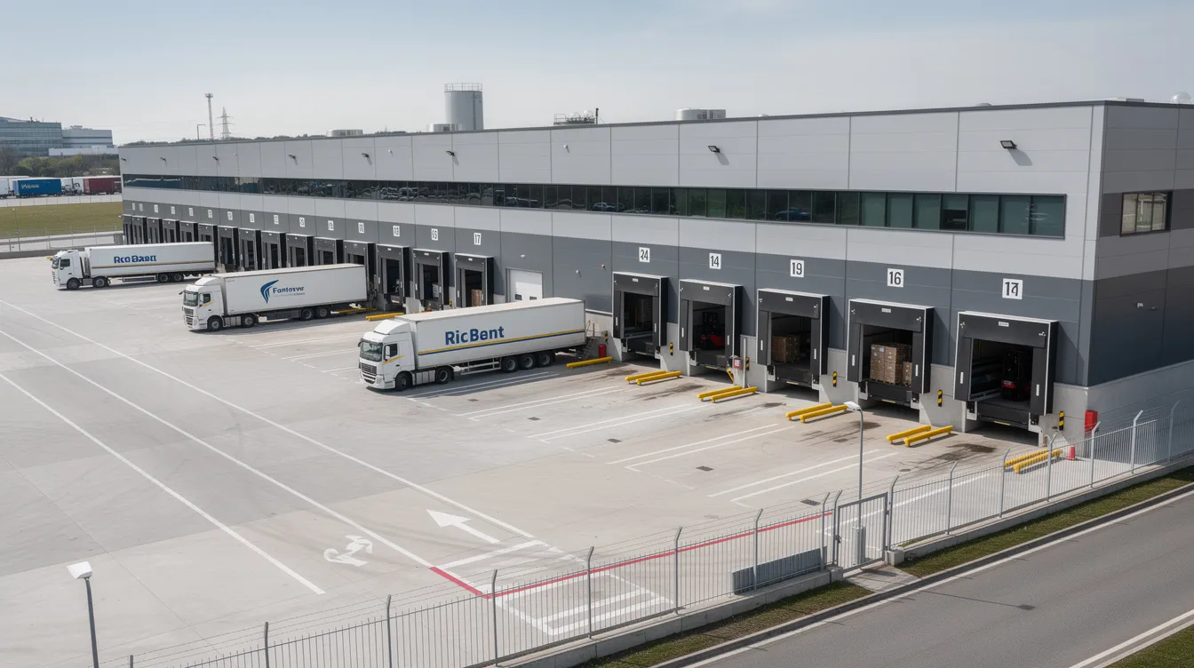 The image depicts a large, modern warehouse and logistics facility, with several trucks parked and loading at the dock doors, showcasing a hub of commercial real estate activity. This setting represents a vital aspect of real estate investing, particularly in the logistics sector, where efficient property management and asset utilization are key for investors seeking to build wealth through direct real estate investments.