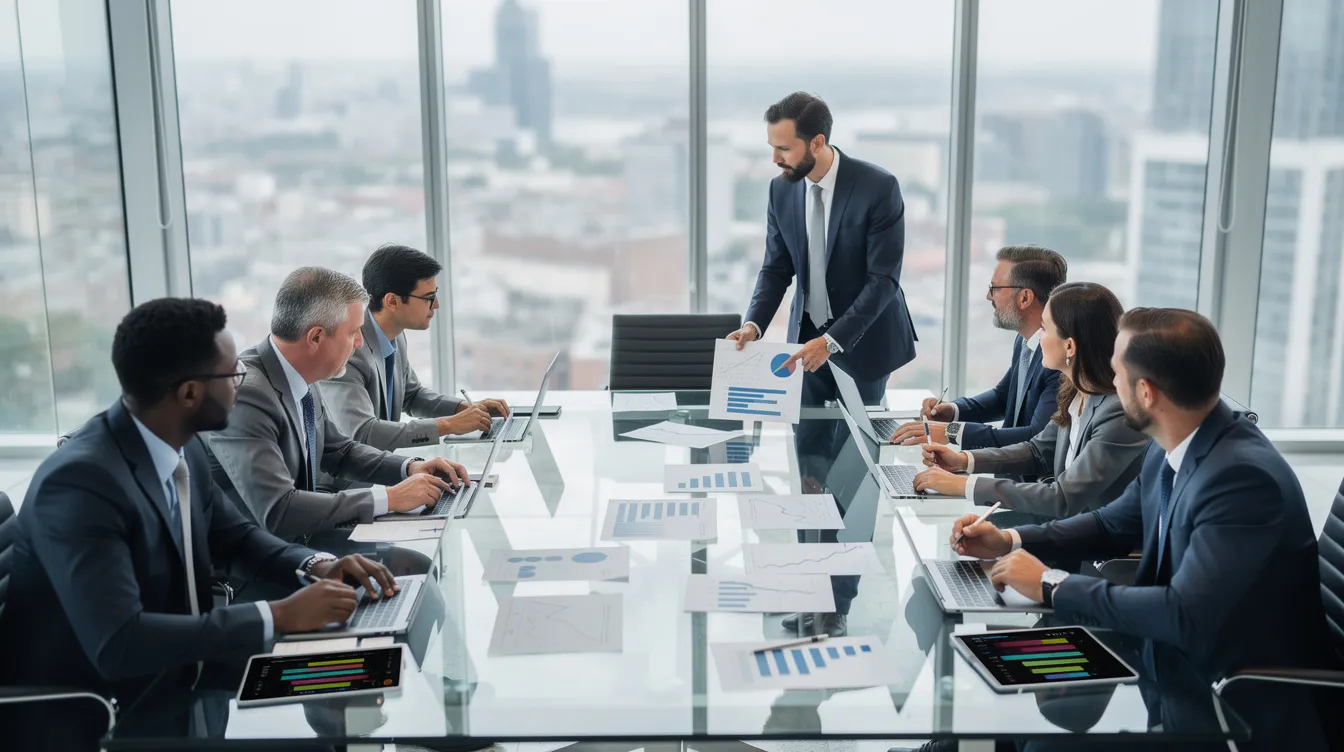 Business professionals gathered around a conference table reviewing financial documents and charts, illustrating the collaborative due diligence and decision-making central to private equity investing.