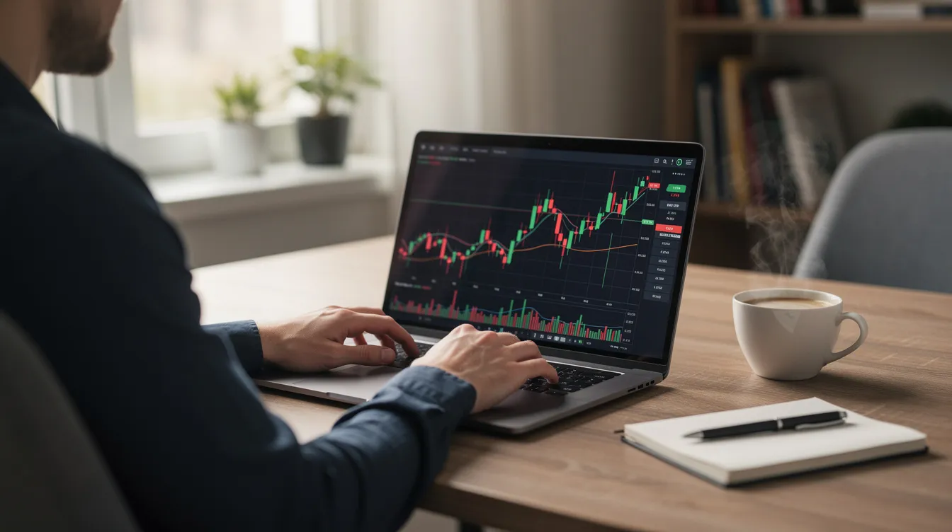 A person is seated at a home office desk, focused on a laptop displaying financial charts, while a steaming cup of coffee rests nearby. The scene reflects a professional environment where concepts like private equity and cash flows are likely being analyzed.