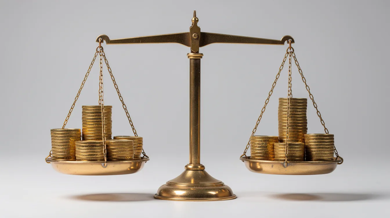 The image features a balance scale with coins stacked evenly on both sides, symbolizing the comparison of investments and returns in private equity. The neutral background emphasizes the scale's role in measuring cash flows and total value in financial decision-making.