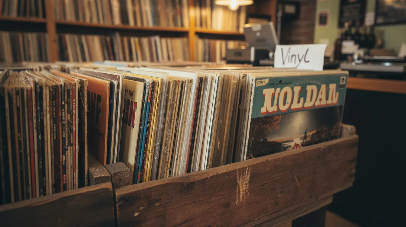 The image showcases stacks of vintage vinyl records neatly arranged in wooden crates at a music store, creating a nostalgic atmosphere that appeals to music lovers and collectors. This scene reflects the rich history of the music industry, where recording artists and songwriters have built their legacy through music royalties and passive income from their creative works.