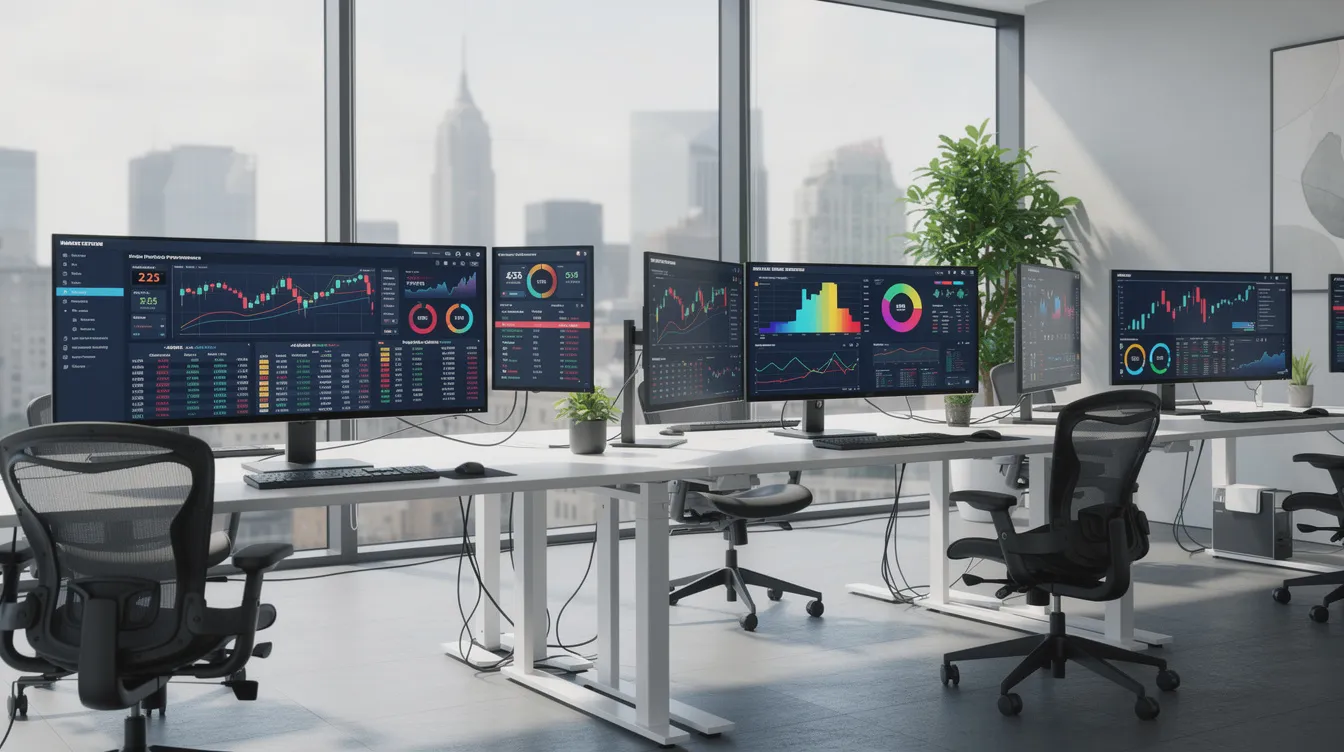 The image depicts a modern office environment with multiple computer screens displaying various financial dashboards related to royalty income and music investments. The setup suggests a focus on tracking performance royalties and analyzing income streams from music catalogues and recording artists.
