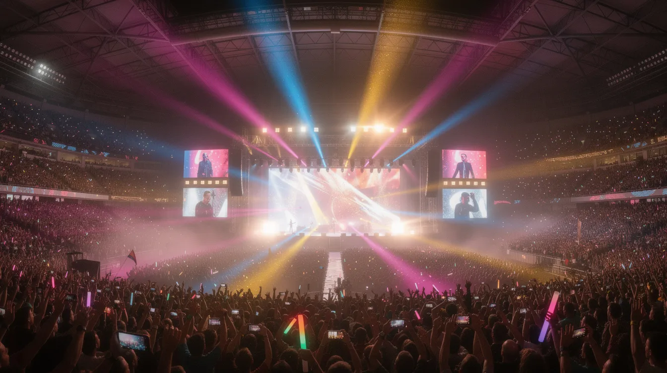 The image depicts a vibrant concert arena bustling with enthusiastic fans, illuminated by colorful stage lighting that enhances the electric atmosphere of the live performance. This scene captures the essence of the music industry, where recording artists and featured artists engage their audience, creating unforgettable experiences that contribute to their royalty income and music royalties.