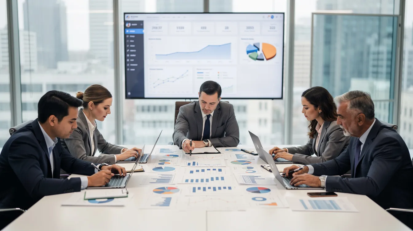 In a modern conference room, a group of business professionals is gathered around a table, intently reviewing financial documents and charts that detail private equity investments and net asset values. The atmosphere is focused as they discuss strategies to support existing portfolio companies and evaluate their fund's underlying assets.