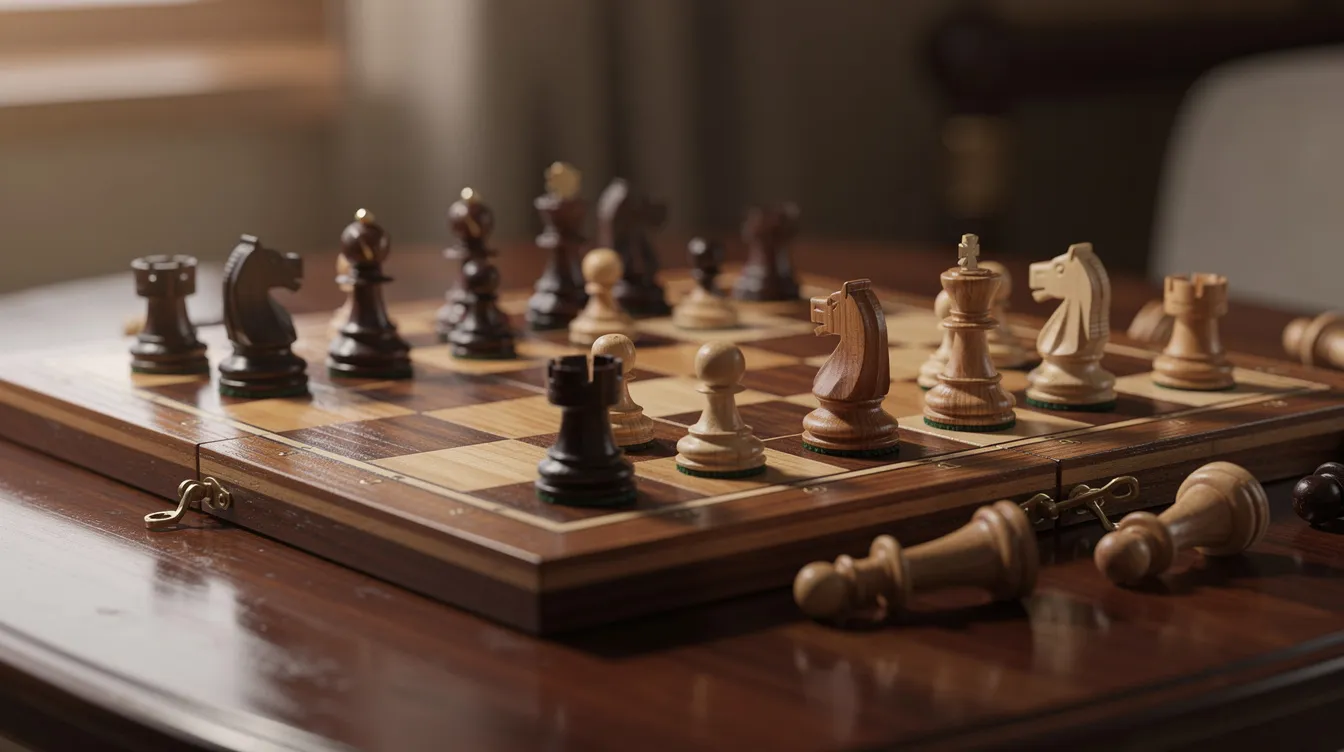 The image depicts a chess board set on a polished table, featuring dark and light wooden pieces arranged mid-game, symbolizing strategic thinking akin to navigating the private equity market. Each piece represents different aspects of investment strategies, much like how private equity firms manage their portfolio companies.