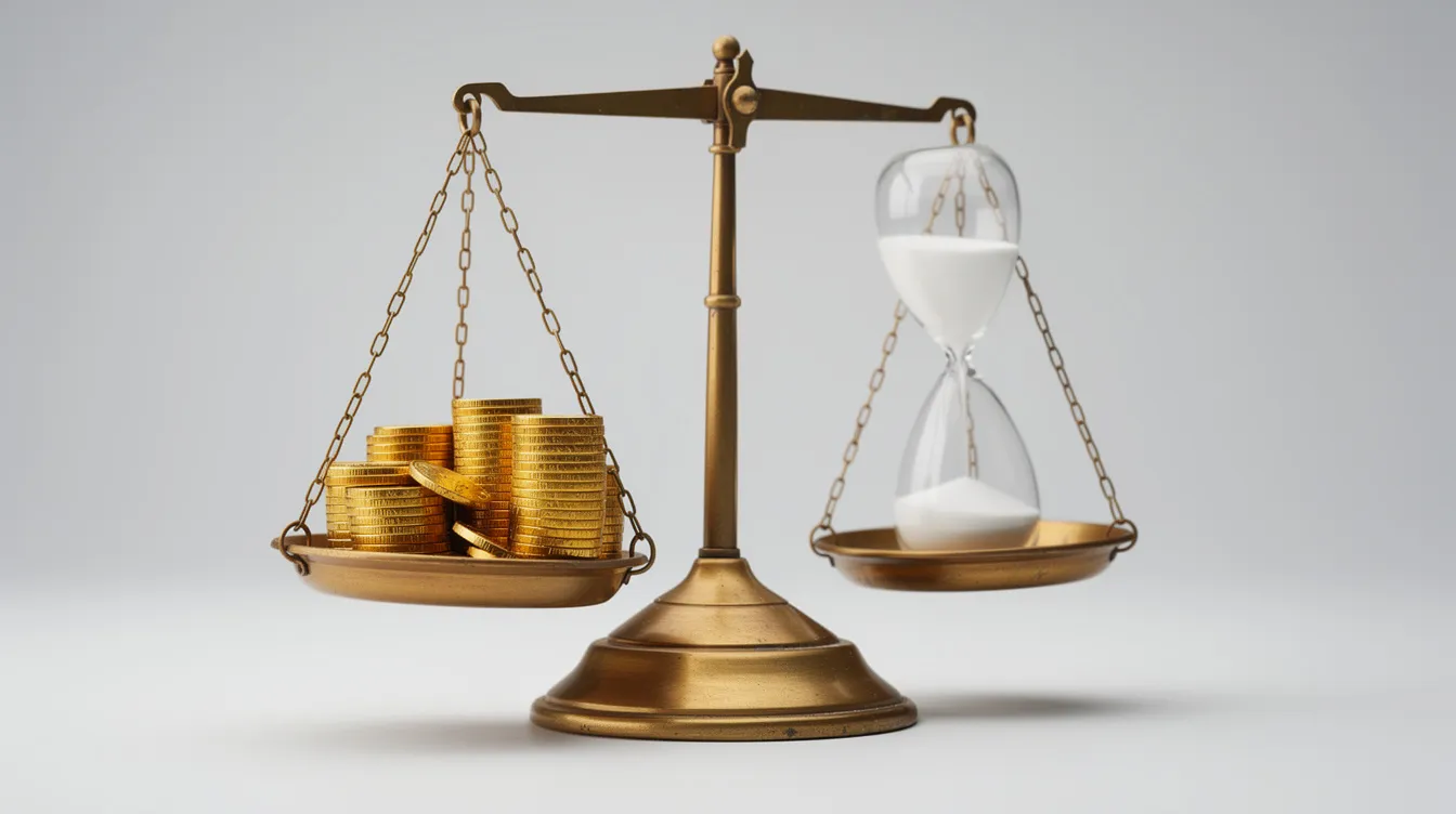The image features a traditional balance scale, with gold coins on one side symbolizing wealth and financial stability, and an hourglass on the other representing the passage of time, all set against a neutral background. This visual metaphor may resonate with concepts in the private equity industry, such as net asset value and supporting existing portfolio companies.