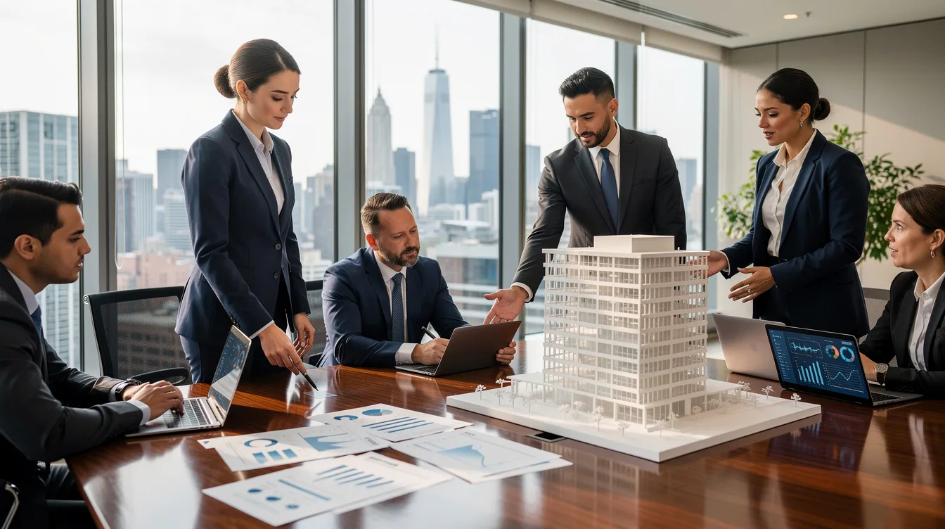 Professionals gathered around a table examining financial documents alongside architectural models, illustrating collaborative private credit and business development analysis