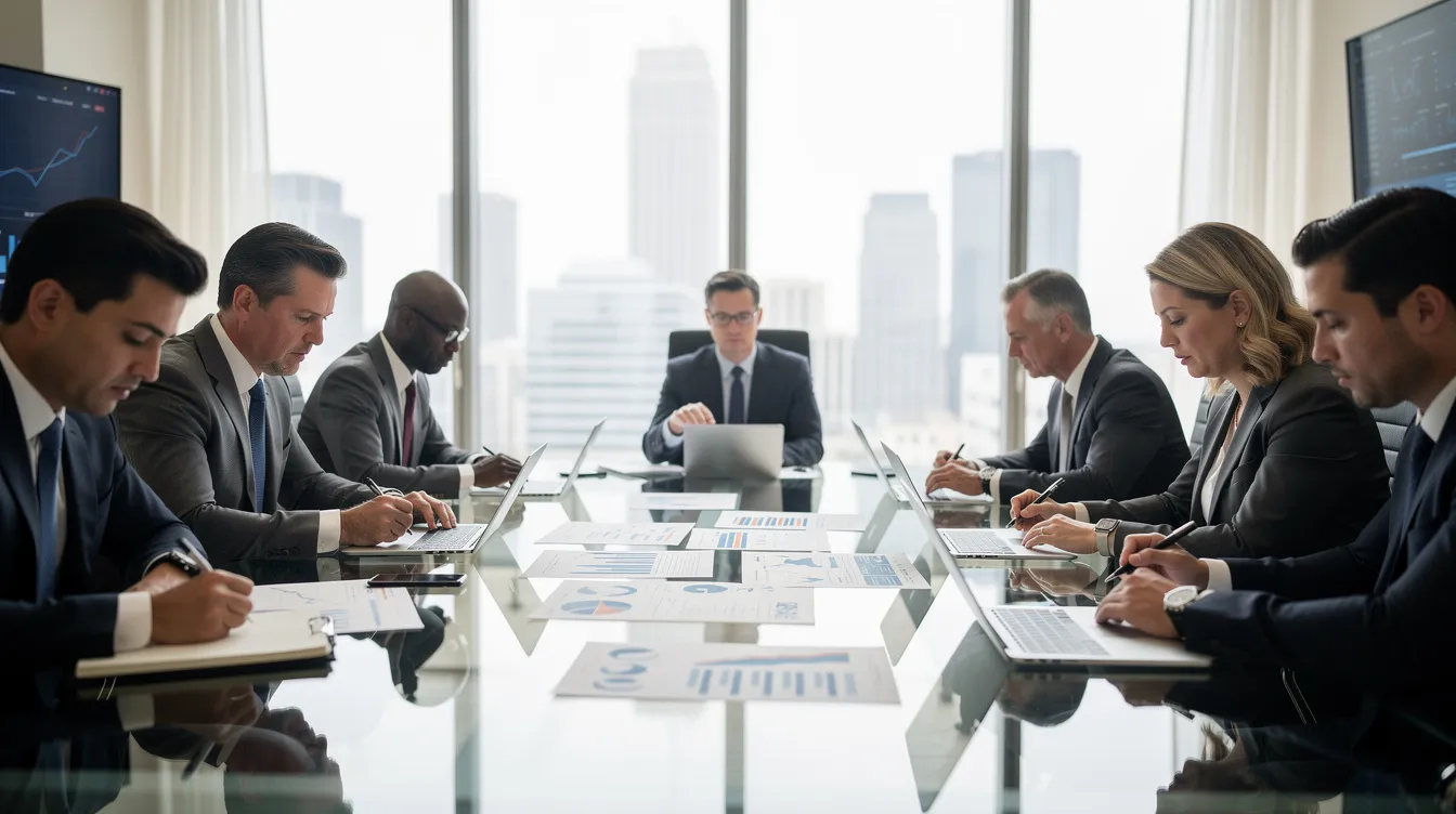 Accredited investors in a modern meeting room reviewing investment documents, discussing private credit strategies and opportunities