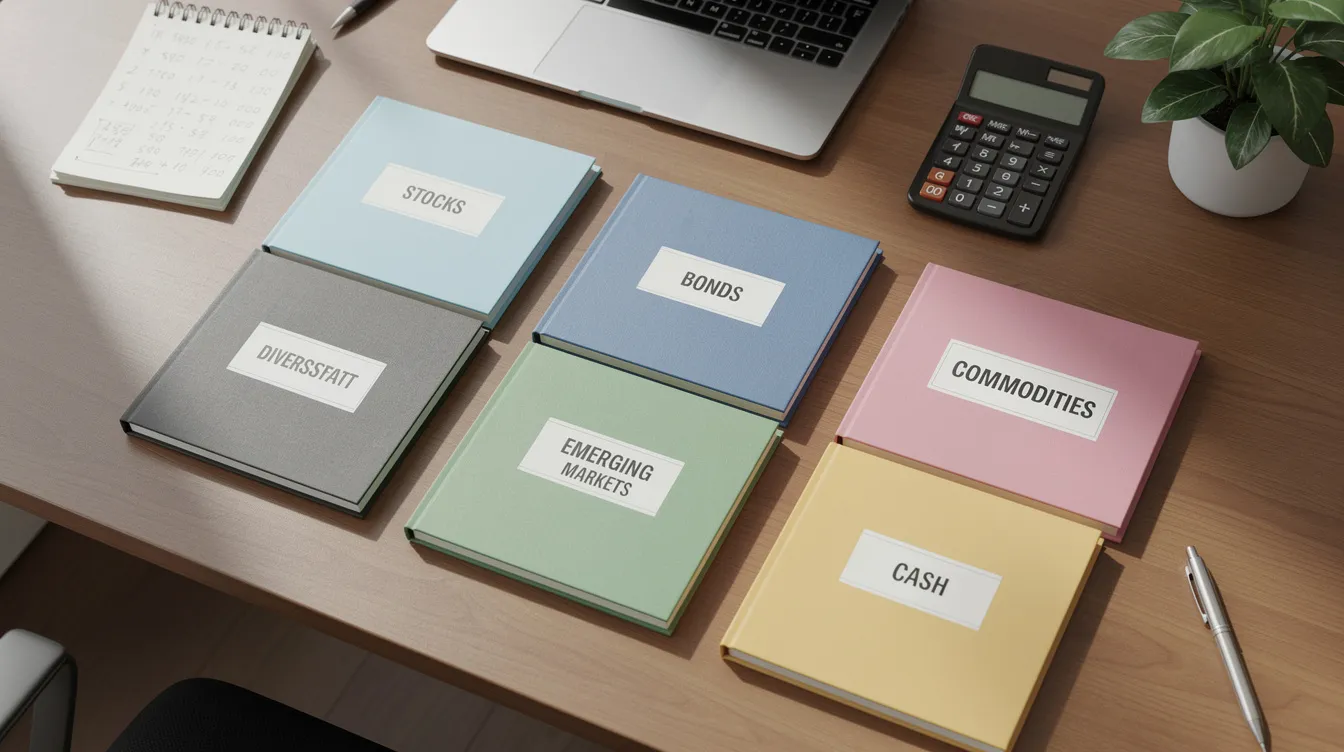 Organized folders on a desk labeled with private credit, private equity, and distressed debt categories, illustrating portfolio diversification across private markets strategies