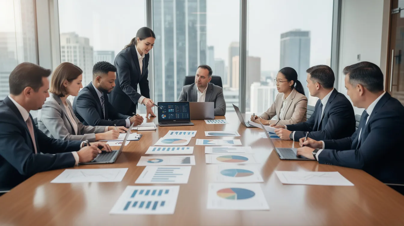 A conference room filled with professionals is depicted, as they engage in reviewing financial documents and charts spread across a large table, highlighting discussions related to private equity investments and strategies. The atmosphere suggests a collaborative effort to analyze performance metrics and investment opportunities within the private equity industry.