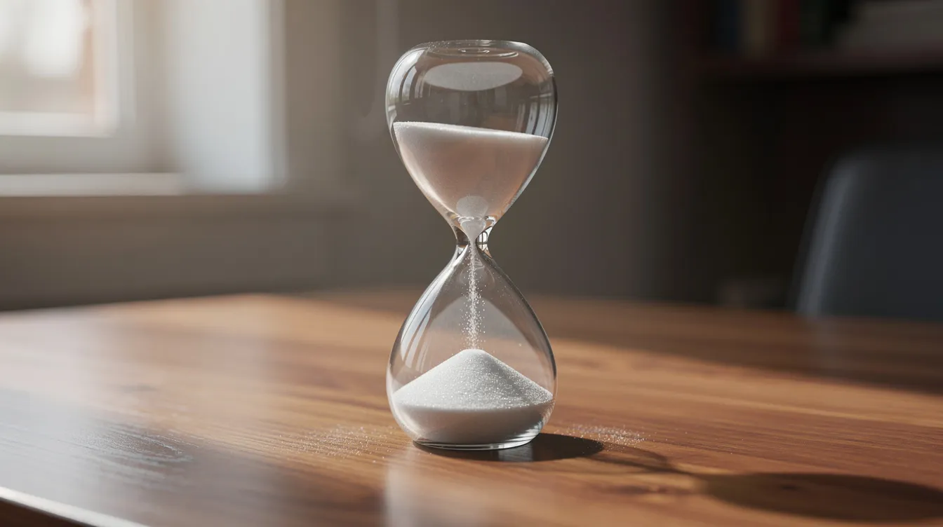 An hourglass sits on a wooden desk, illuminated by soft natural light, symbolizing the passage of time in investment strategies. This serene scene reflects the careful timing and patience often required in private equity investing and managing diversified portfolios.