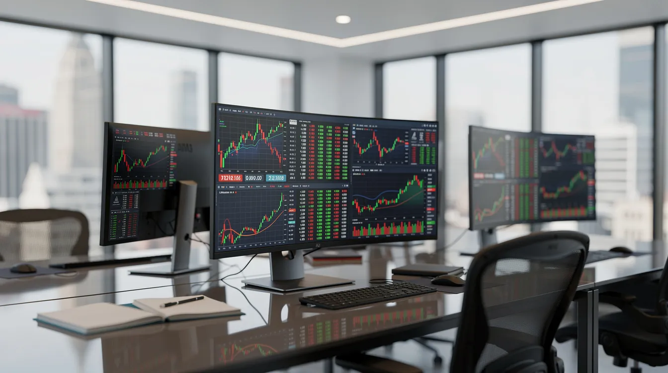 The image shows a modern office with multiple computer monitors displaying various financial data and charts, reflecting the activities of private equity firms and investment strategies. This setup suggests a focus on analyzing portfolio companies and managing investments in both private and public markets.