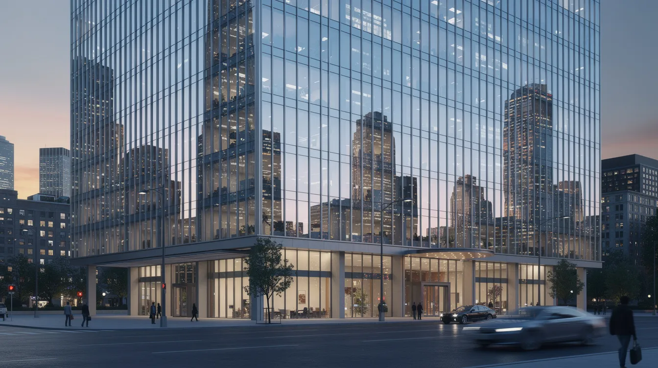 The image depicts a modern office building with sleek glass windows that reflect the surrounding city skyline, showcasing the contemporary architecture often associated with private equity firms and investment vehicles. This striking exterior represents the dynamic and evolving nature of the private equity industry, where firms invest in both private and publicly traded companies.