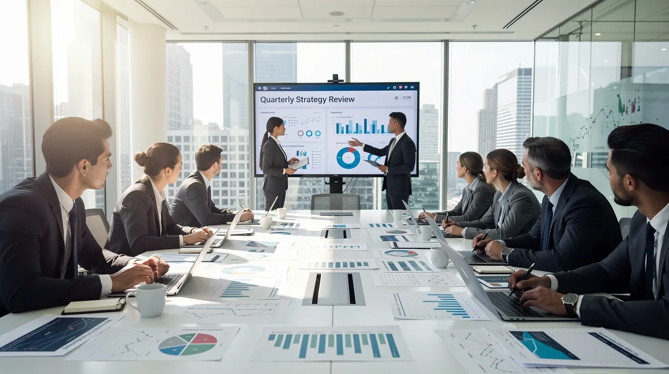 A group of business professionals is gathered in a well-lit conference room, actively reviewing charts and strategy documents related to private equity investment and portfolio companies. The atmosphere suggests a focus on private equity performance and investment strategies, highlighting the collaborative efforts of private equity fund managers and institutional investors.