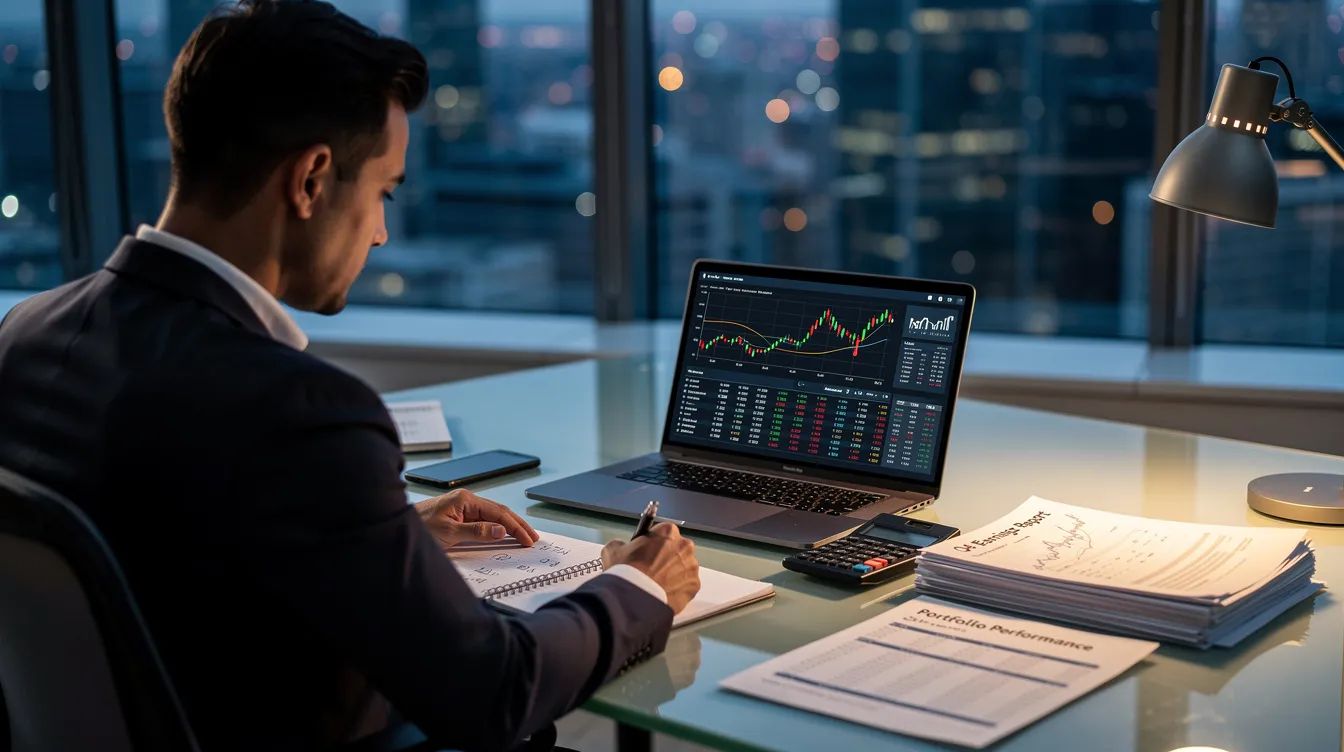 An investor sits at a desk, intently reviewing financial reports and data displayed on a laptop screen. The scene reflects the analytical nature of private equity investing, where investors assess performance and strategies related to private equity funds and portfolio companies.